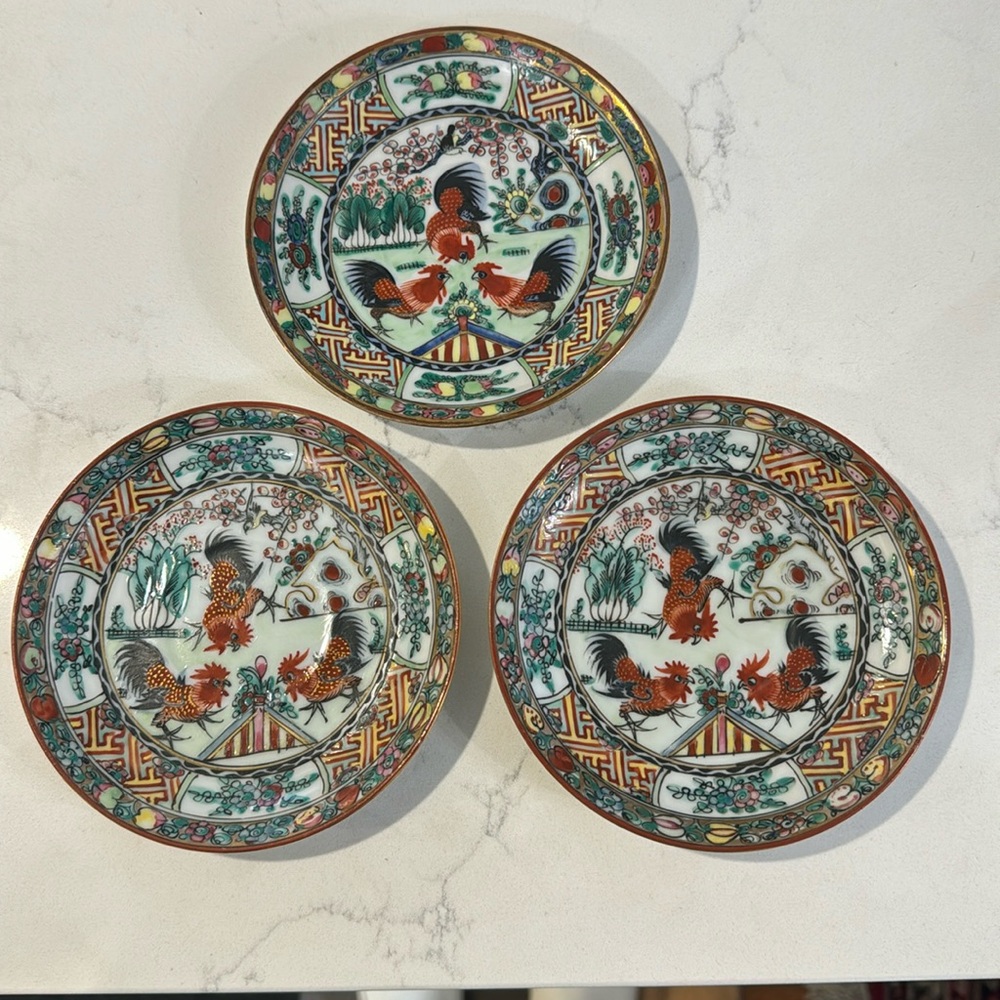 Set of 3 hand painted, Hong Kong vintage trinket, catch all plates